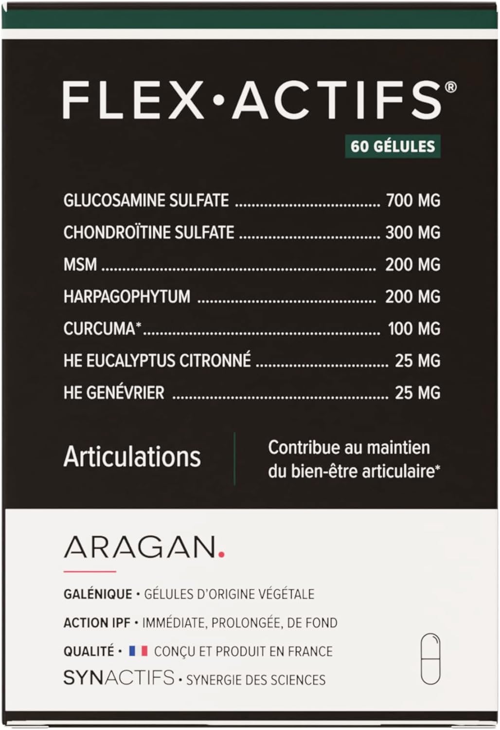 Flexactifs - Bien-Etre Articulaire - Glucosamine, Harpagophytum, MSM, Curcuma, Huile Essentielle Eucalyptus & Zinc - Aragan - 60 Gélules