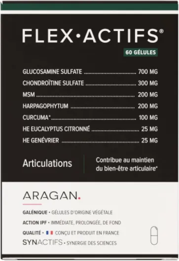 Flexactifs - Bien-Etre Articulaire - Glucosamine, Harpagophytum, MSM, Curcuma, Huile Essentielle Eucalyptus & Zinc - Aragan - 60 Gélules