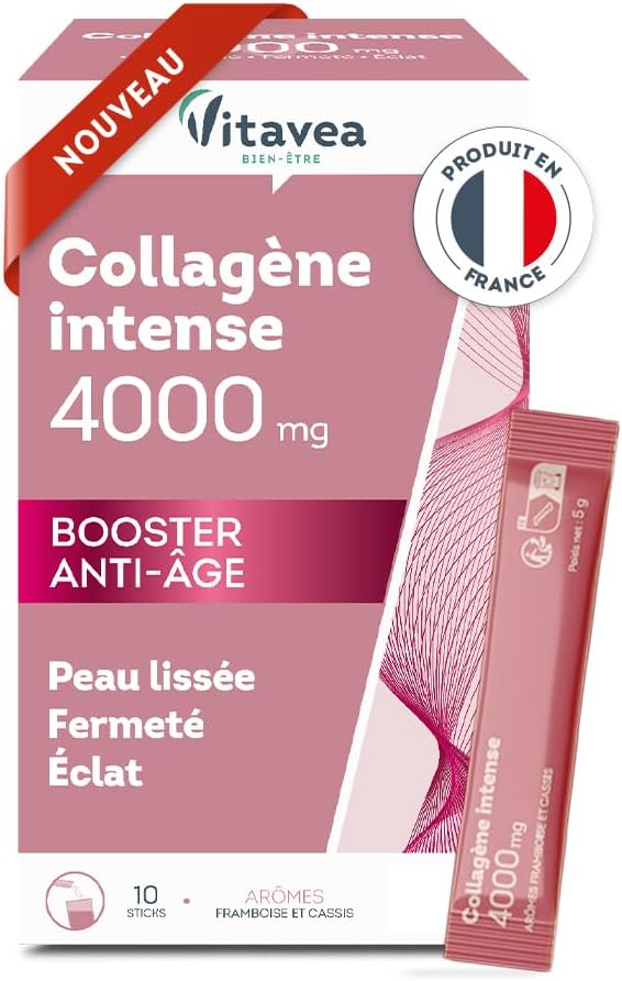 VITAVEA BIEN-ETRE - Collagène intense 4000 mg - Complément Alimentaire Anti-âge - Collagène hautement dosé 4000 mg - Peau lissée et éclantante - 10 sticks - 10 jours - Fabriqué en France