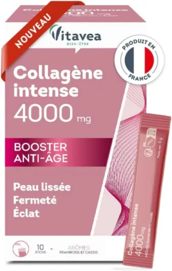 VITAVEA BIEN-ETRE - Collagène intense 4000 mg - Complément Alimentaire Anti-âge - Collagène hautement dosé 4000 mg - Peau lissée et éclantante - 10 sticks - 10 jours - Fabriqué en France