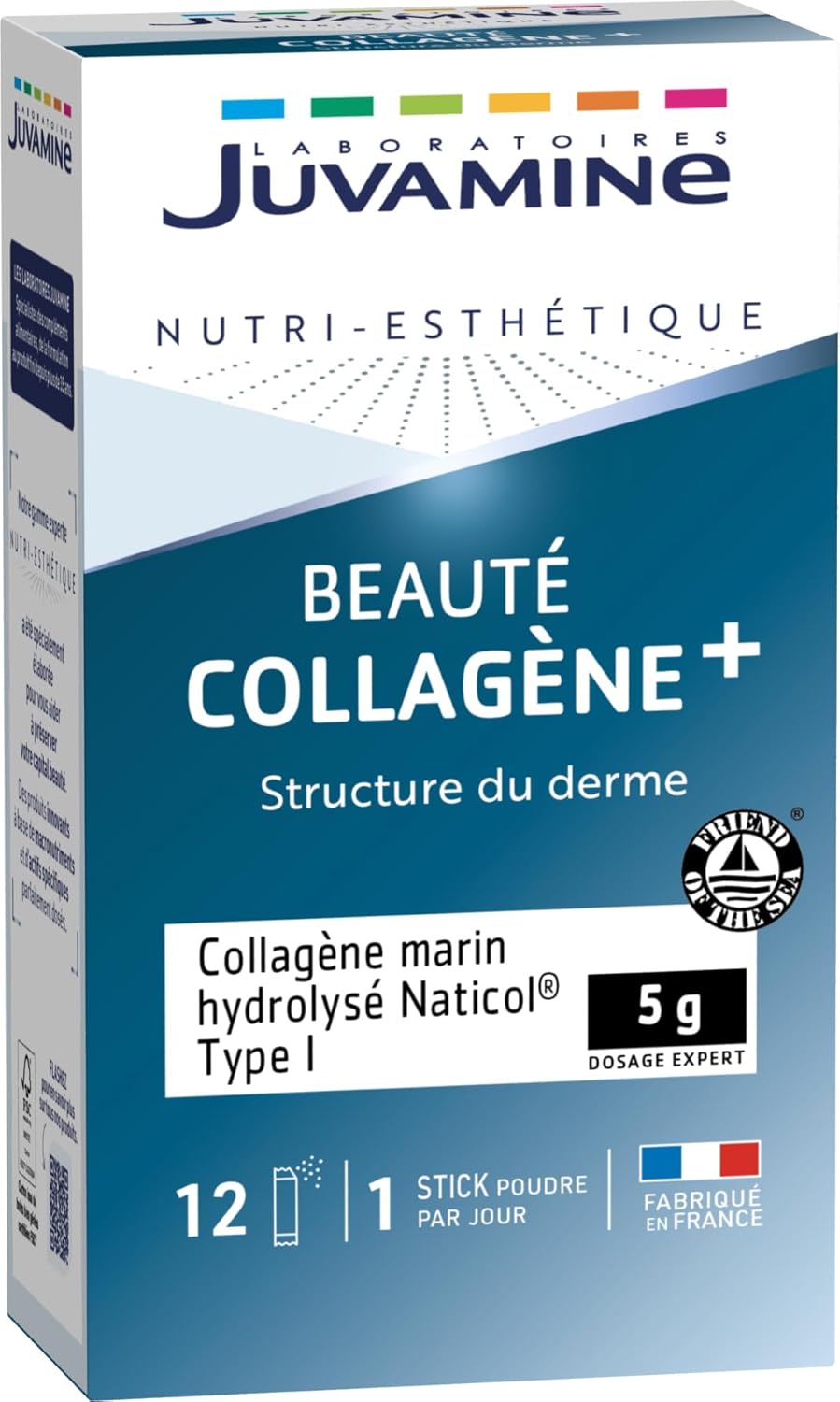 Beauté Collagène +, Collagène Marin Hydrolysé 5g - Structure du derme - Beauté - Elasticité - Peau - Stick poudre - 12 jours - Fabriqué en France