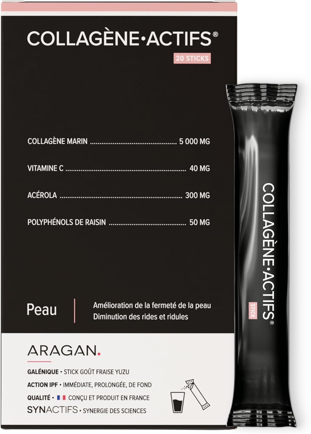 Collagene Marin 5000mg Format Pratique - Complement Alimentaire Anti Age, Elasticité & Fermeté de la Peau - Vitamine C, Acerola, Polyphénols De Raisin - Aragan - 20 Sticks