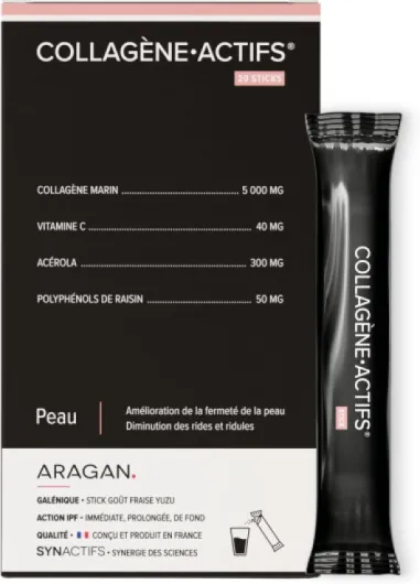 Collagene Marin 5000mg Format Pratique - Complement Alimentaire Anti Age, Elasticité & Fermeté de la Peau - Vitamine C, Acerola, Polyphénols De Raisin - Aragan - 20 Sticks