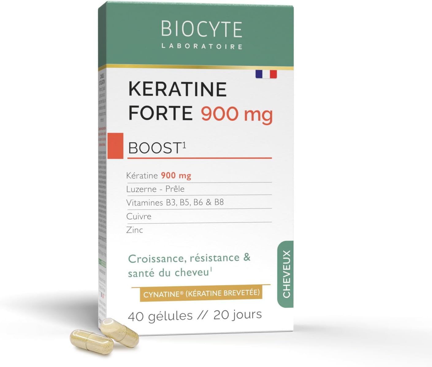 BIOCYTE Kératine Forte 900mg - Croissance, Résistance & Santé Des Cheveux - Biotine, Vitamine B6, Zinc, Prêle, Luzerne - Complément Alimentaire Cheveux - Programme 20 Jours
