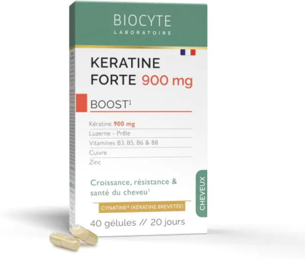 BIOCYTE Kératine Forte 900mg - Croissance, Résistance & Santé Des Cheveux - Biotine, Vitamine B6, Zinc, Prêle, Luzerne - Complément Alimentaire Cheveux - Programme 20 Jours
