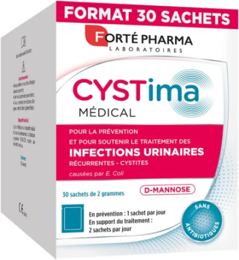Cystima Medical - Dispositif medical - Cystites, infection urinaire femme, Prévention et traitement - D mannose d'origine végétale - Solution 100% naturelle - 30 Sachets, 1-2/jour Cystima 30 sachets