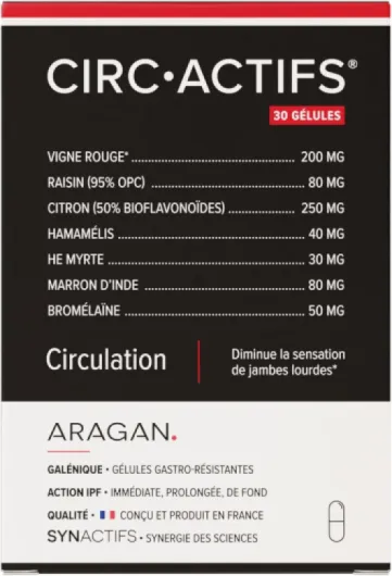 Synactifs - Circactifs - Complément Alimentaire Circulation, Jambes Lourdes - Vigne Rouge, Raisin, Citron, Sélénium, Huile essentielle - 30 gélules - 15 jours de prise - Fabriqué en France
