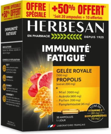 ®- COMPLEXE VITALITÉ - Défenses immunitaire - Miel, Gelée Royale, Acérola, Pollen, Pamplemousse, Propolis - 30 ampoules de 10ml Format économique - 20 ampoules de 10 ml