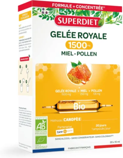 GELÉE ROYALE 1500MG BIO- Gelée royale, miel,pollen bio-Défenses immunitaires-Fabrication française-20 ampoules de 10ml 300 ml (Lot de 1)