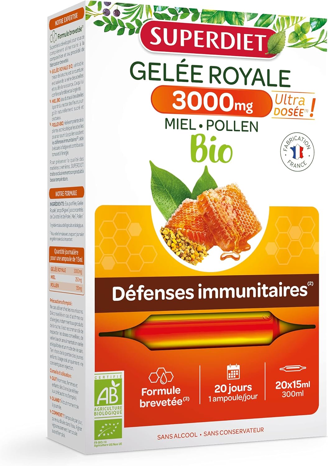 SUPERDIET- GELEE ROYALE 3000MG - Formule Brevetée - Défenses immunitaires- Ultra dosée -20 ampoules de 15ml