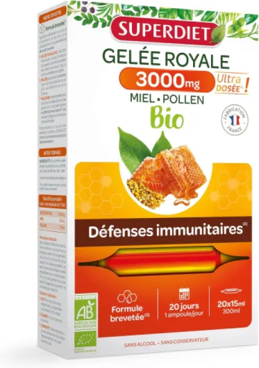 SUPERDIET- GELEE ROYALE 3000MG - Formule Brevetée - Défenses immunitaires- Ultra dosée -20 ampoules de 15ml