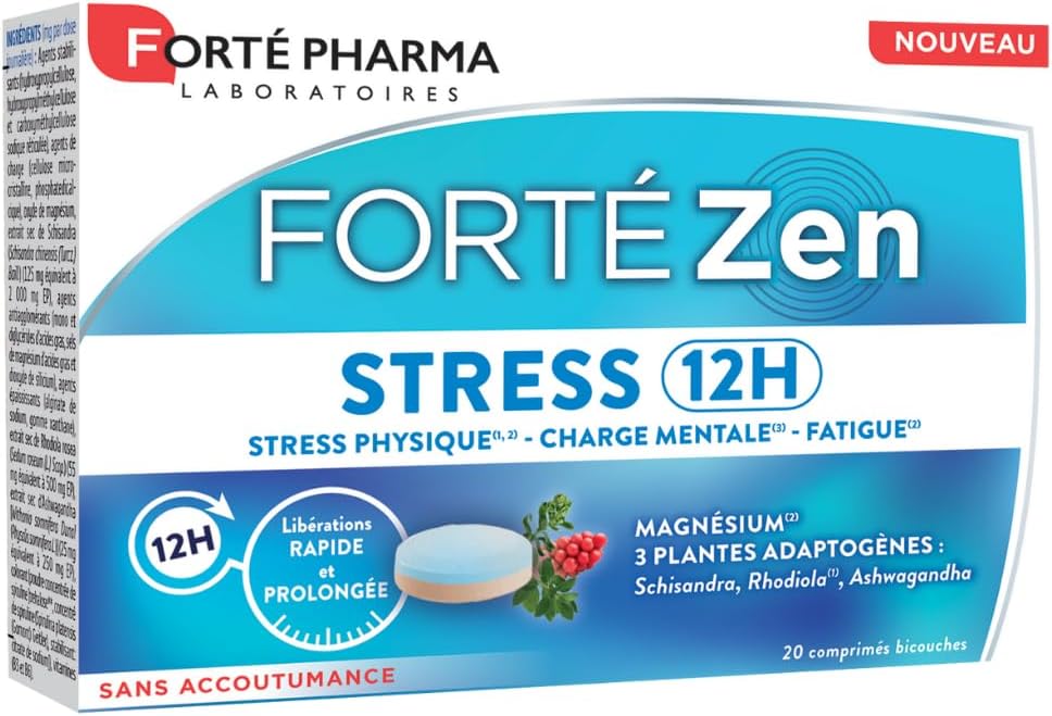 Forté Zen Stress 12H - Complément alimentaire fatigue adulte à libération prolongée - Vitamine B6, Magnésium, Rhodiola, Ashwagandha, Spiruline - 20 comprimés bi-couches, 1/jour