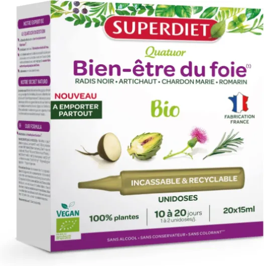 QUATUOR DIGESTION BIO-Bien-être du foie-Radis Noir Artichaut Chardon Marie Romarin-Format nomade- 20 Unidoses de 15 ml