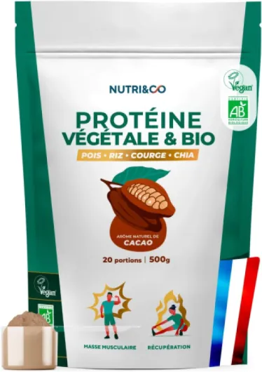 NUTRI & CO Protéines Vegétales BIO - 4 Sources : Pois, Riz, Chia & Courge - Riche en BCAA - Vegan Protein 100% naturelle - Goût Naturel Cacao 500g - Sans édulcorant ni additif - Fabriqué en France 500 g (Lot de 1)