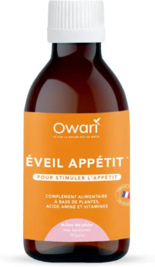 OWARI SIROP ÉVEIL APPÉTIT - Sirop Naturel pour Stimuler l'Appétit - Sirop Appetit avec Gingembre et Canelle - Arôme Thé Pêche - Flacon de 250 ml - Cure de 10 Jours - Produit Végan Fabriqué en France