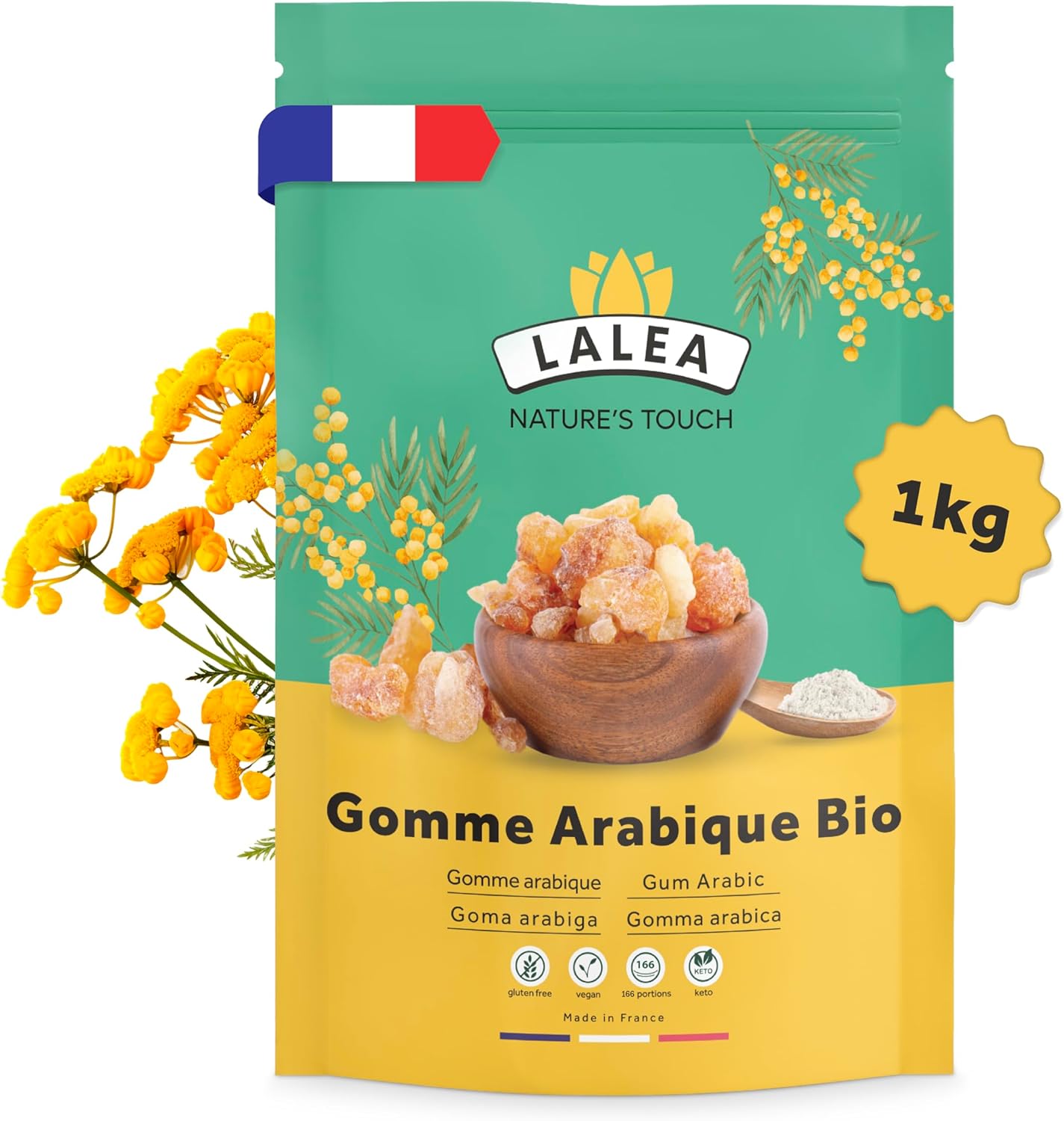 Gomme arabique bio en poudre, Poudre de fibre alimentaire du gomme d'acacia bio 1Kg, Végétalien et Keto, Sans Gluten, 90% de fibres