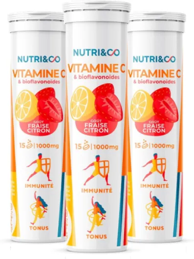 NUTRI & CO Vitamine C 1000mg & Bioflavonoïdes - 45 jours - 100% Pure & Clean - Goût Citron-Fraise - Lot de 3x 15 comprimés effervescents Vegan