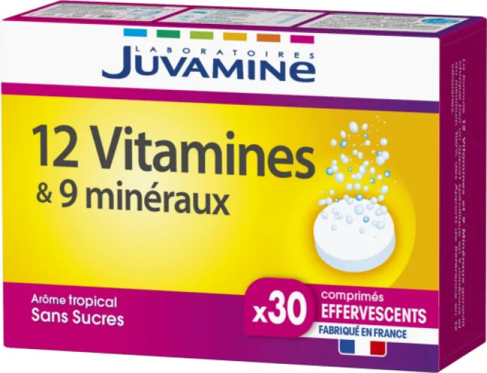 12 Vitamines & 9 Minéraux, Fatigue, Stress, Vitamines C, B2, B3, B6, B9 et Fer, Programme de 30 jours, 30 Comprimés Effervescents, Arôme tropical, Fabriqué en France 30 unité (Lot de 1)