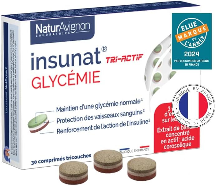 NaturAvignon Insunat Tri-Actif - Glycémie - Aide à Réguler Le Taux De Sucre (glycemie) - Banaba, Cannelle, Zinc, Vitamine C, chrome complément alimentaire - Fabriqué en France - 30 comprimés