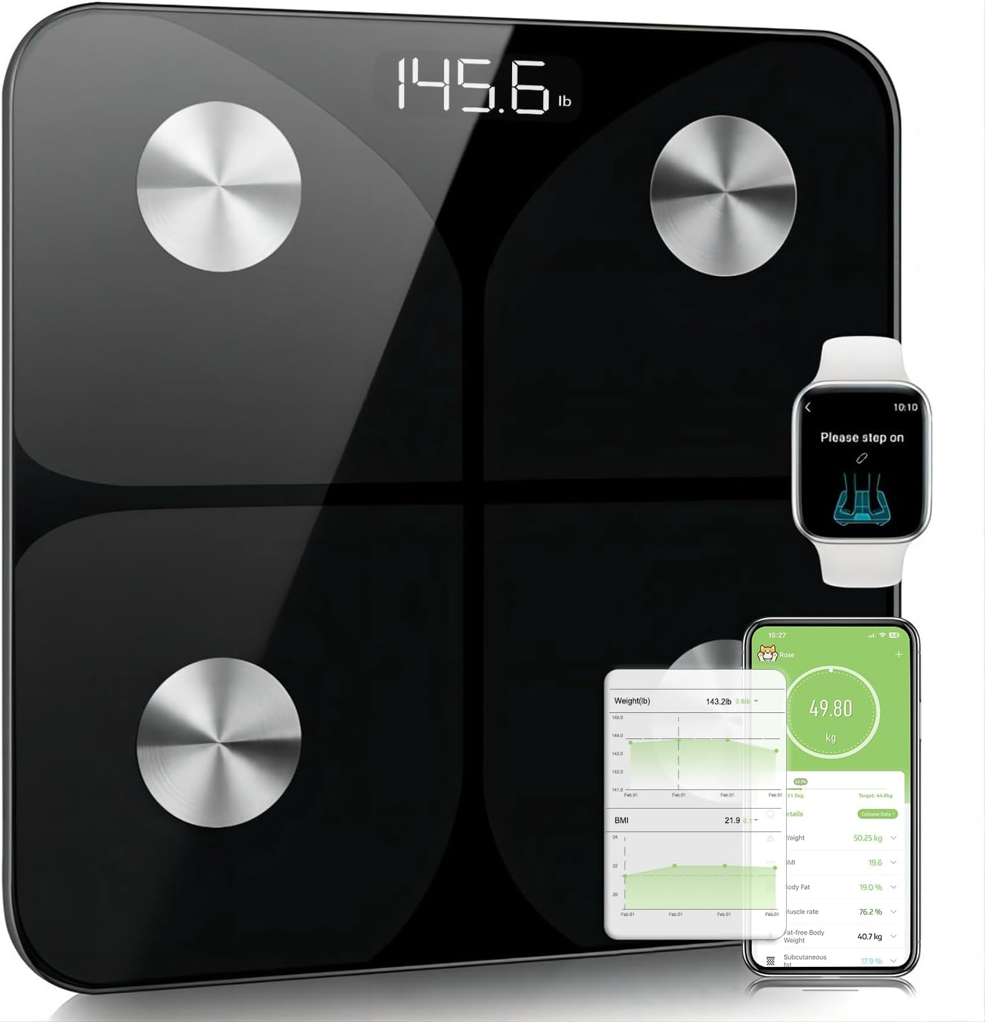 Foryond Balance Connectée Balance Pèse Personne, Pèse Personne Impédancemètre, la masse graisseuse, l’eau, la masse musculaire, l’IMC et le MB (métabolisme de base), Pour IOS et Android Noir 26*26cm