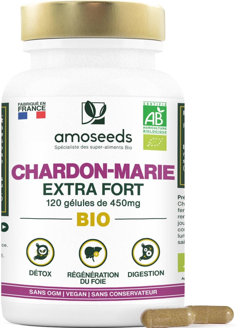 Chardon-Marie BIO - Extra Fort, 1350mg / Jour - Régénérant Foie, Protection, Détox, Digestion - 120 gélules de 450mg - Qualité Supérieure