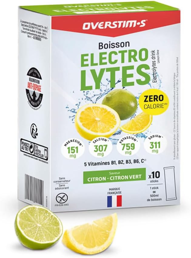 Overstim.s - Boisson Electrolytes (10 Sachets) - Zéro Calorie – 4 électrolytes (Sodium, Calcium, Magnésium, Potassium) -5 Vitamines (B1, B2, B3, B6, C) - Citron Citron-vert Citron-vert 10 sachets