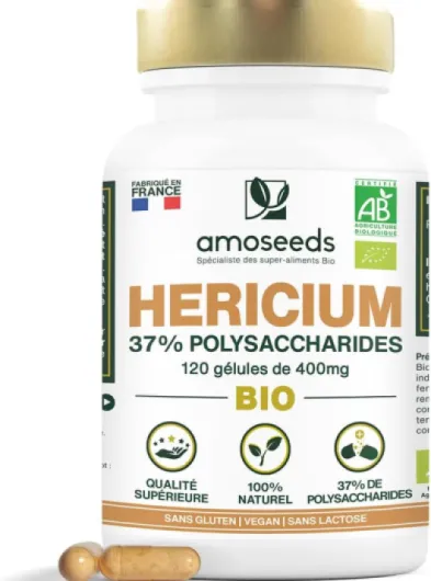 Hericium Erinaceus BIO - Champignon de la Mémoire - Hautement Dosé, 37% Polysaccharides - 120 gélules vegan - Lion’s Mane, Vegan, Sans Additifs - Qualité Supérieure - Fabriqué en France