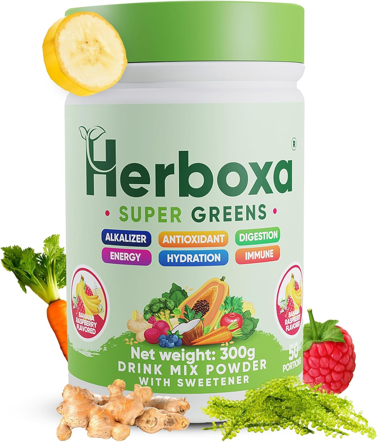 Herboxa SUPER GREENS Complément alimentaire en poudre avec racine de chicorée zinc et chrome saveur banane framboise 50 portions banane et framboise 300