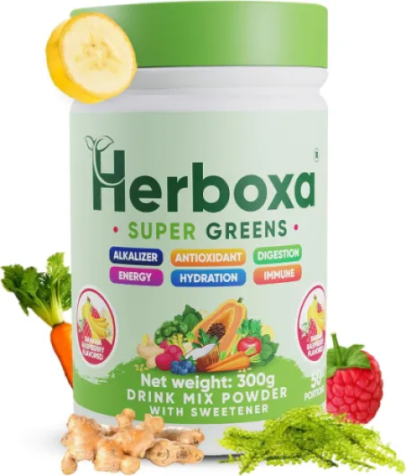 Herboxa SUPER GREENS Complément alimentaire en poudre avec racine de chicorée zinc et chrome saveur banane framboise 50 portions banane et framboise 300