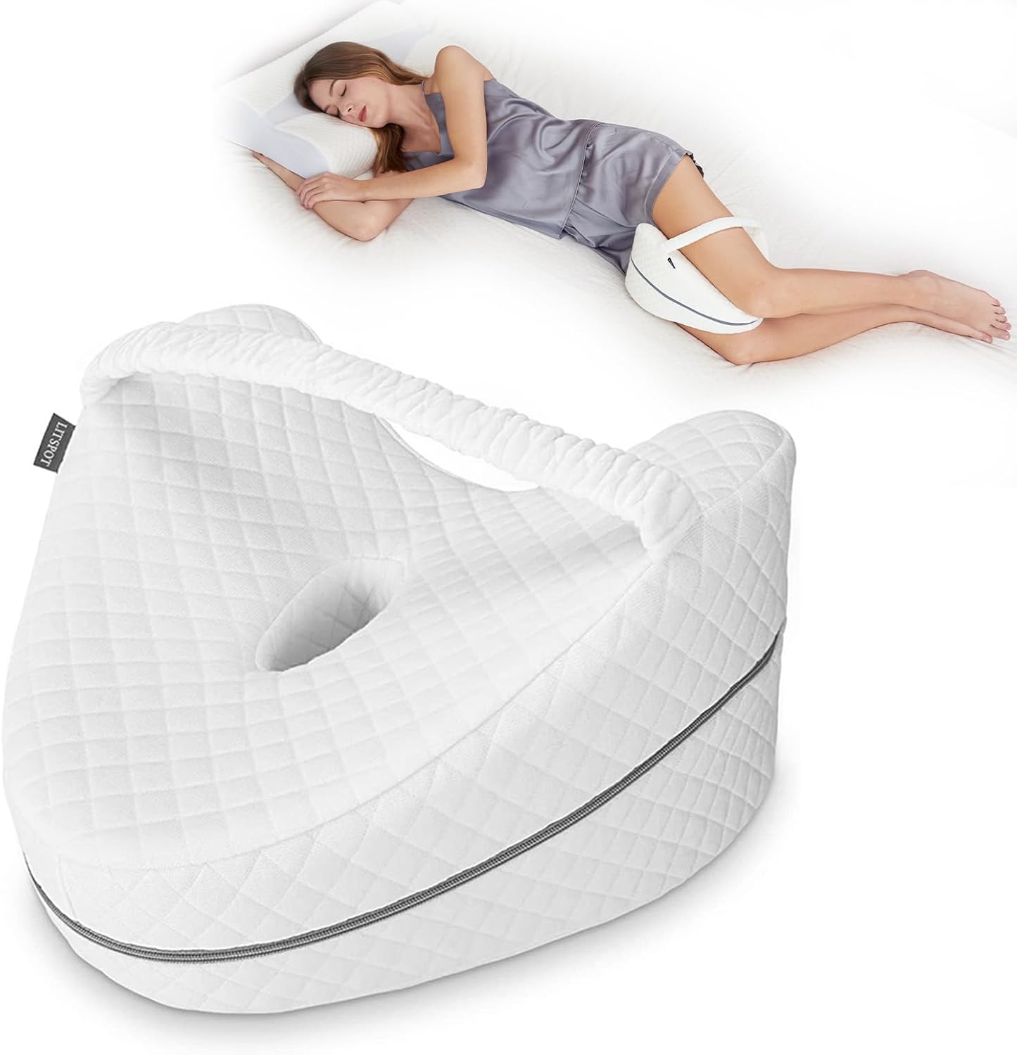 Oreiller de Jambe Oreiller de Genou Orthopédique Genou Ergonomique avec Mousse à Mémoire de Forme pour Dormir pour Soulager la Pression - Hanches, Jambes, Genoux, Blanc Sangle Élastique Blanc