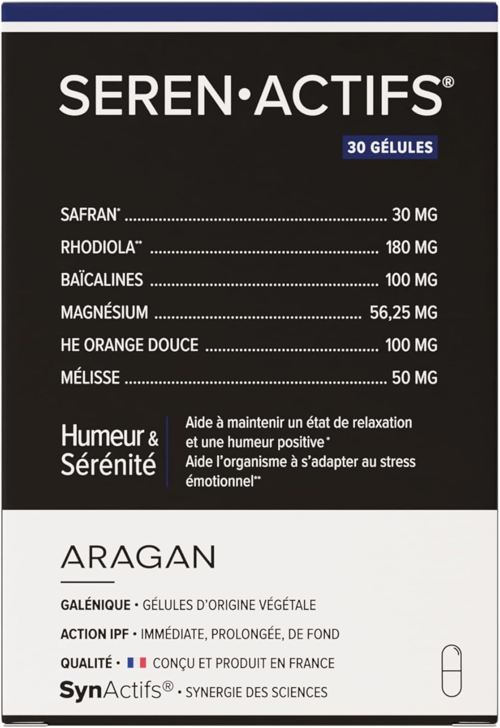 Serenactifs - Complement Alimentaire Anti Stress - Magnesium, Rhodiola, Melisse, Safran - Aragan - 30 Gélules