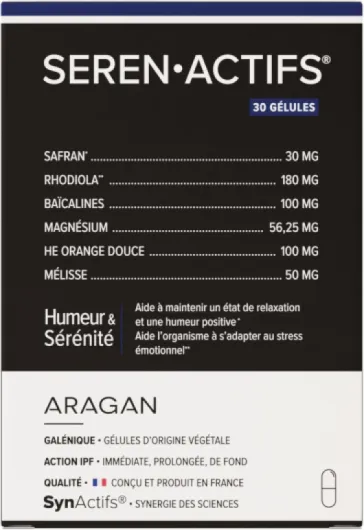 Serenactifs - Complement Alimentaire Anti Stress - Magnesium, Rhodiola, Melisse, Safran - Aragan - 30 Gélules