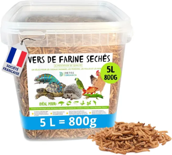 Vers de Farine Séchés - 800g = 5L - Nourriture pour Poissons, Oiseaux, Tortues, Hérissons, Rongeurs et Reptiles - Riche en Protéines et Vitamines 800 g (Lot de 1)