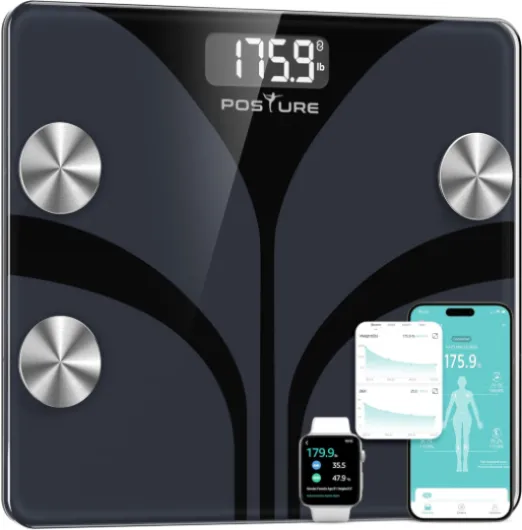 Posture Balance Pese Personne pour Salle de Bain, Haute Précision, Impédancemètre 13 Indicateurs (IMC/Graisse Corporelle/Muscle) avec App, Max 180 kg - Noir