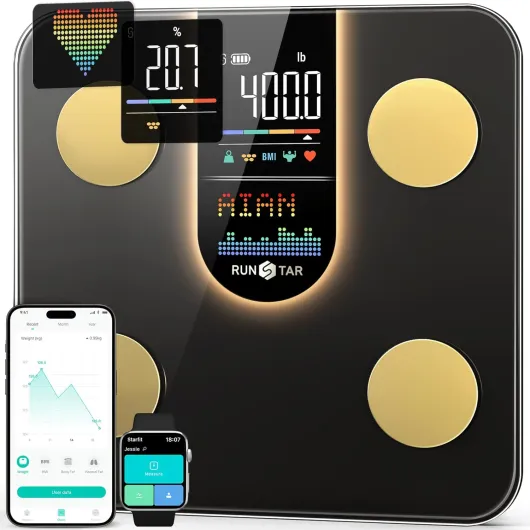 Runstar Balance Pese Personne Intelligent 8-en-1 avec Affichage VA, Pese Personnes Haute Hrécision, IMC, Rythme Cardiaque, Masse Grasse, 22 Mesures, Synchronisation APP