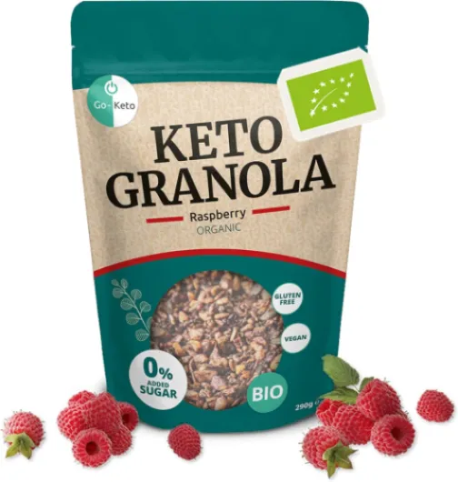 Go-Keto BIO Keto Granola Raspberry 290g - Muesli Keto pour un délicieux petit déjeuner Keto, avec chips de noix de coco, noix, graines de tournesol & pépins de courge, végétalien, sans gluten