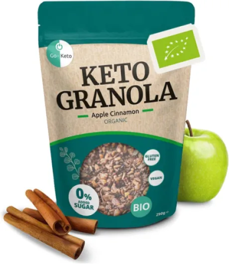 Go-Keto BIO Keto Granola Apple Cinnamon 290g - Muesli Keto pour un délicieux petit déjeuner Keto, avec chips de noix de coco, noix, graines de tournesol & pépins de courge, végétalien, sans gluten