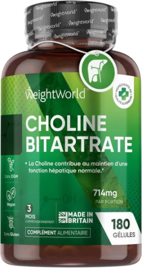 Choline Bitartrate, 714 mg Par Portion -180 Gélules Vegan (3 Mois) - Maintien d'une Fonction Hépatique Normale, Contibue au Métabolisme Normal des Lipides et de l'Homocystéine (EFSA) - WeightWorld