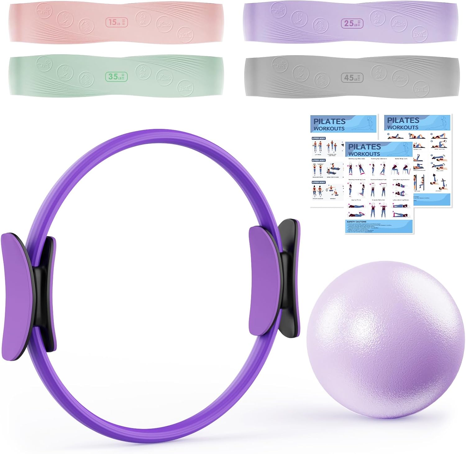 Set Anneau Pilates avec Cercle Pilates, 4 Bandes de Résistance (15, 25, 35, 45 LB), Mini Ballon Anti-éclatement, Kit Pilates Maison pour Gym Maison, Force, Flexibilité, Stabilité