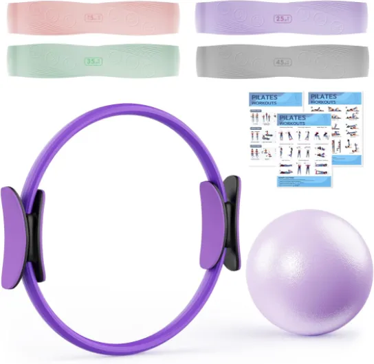 Set Anneau Pilates avec Cercle Pilates, 4 Bandes de Résistance (15, 25, 35, 45 LB), Mini Ballon Anti-éclatement, Kit Pilates Maison pour Gym Maison, Force, Flexibilité, Stabilité