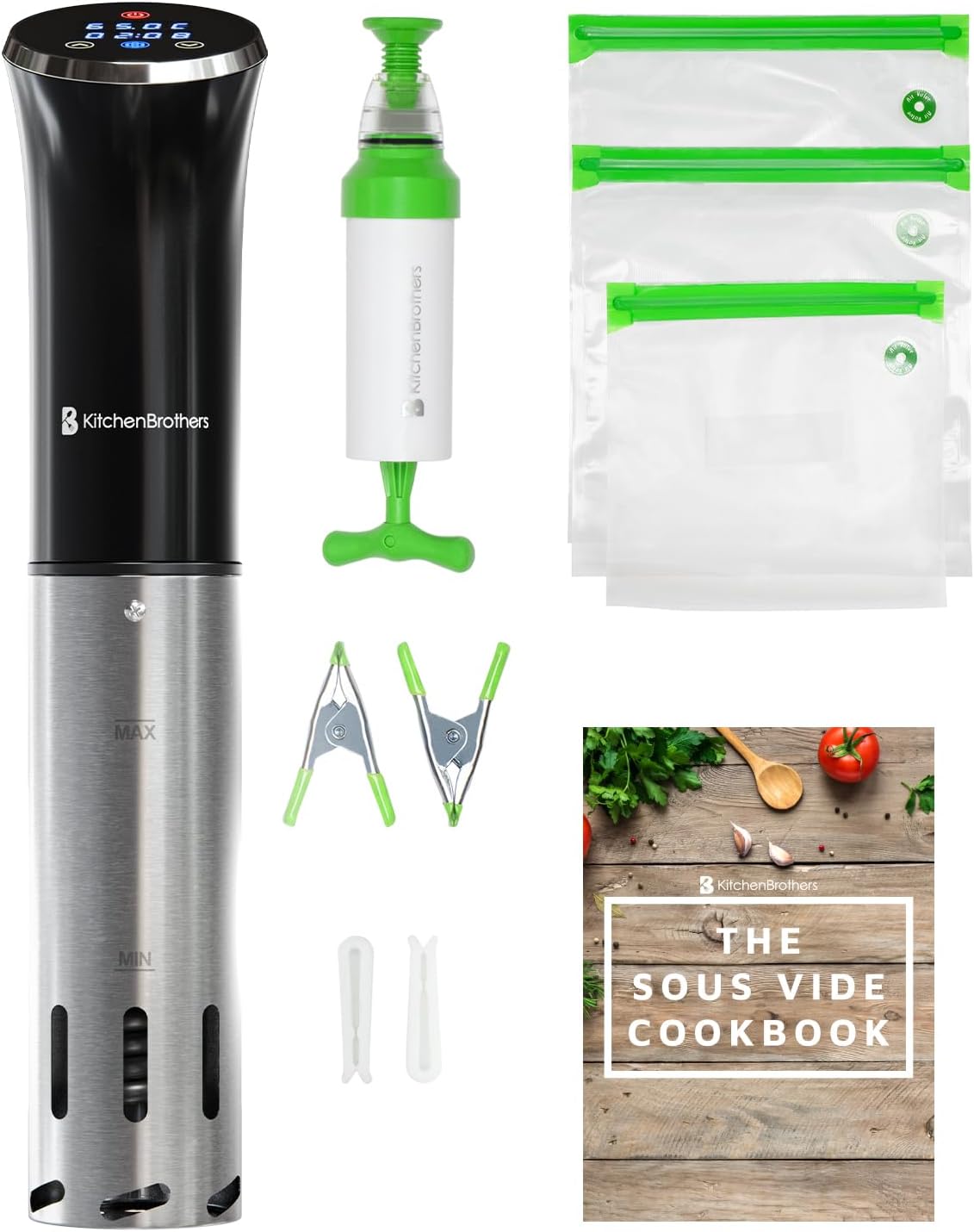 KitchenBrothers Thermoplongeur Sous Vide - Cuisson Basse Température - Cuiseur Sous Vide - Thermoplongeur Chauffe Eau -0 à 95℃, Réglable Par 0,2℃ - 1200W (Noir/Inox avec accessoires)