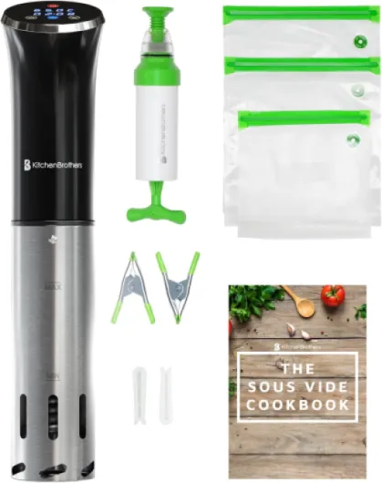 KitchenBrothers Thermoplongeur Sous Vide - Cuisson Basse Température - Cuiseur Sous Vide - Thermoplongeur Chauffe Eau -0 à 95℃, Réglable Par 0,2℃ - 1200W (Noir/Inox avec accessoires)