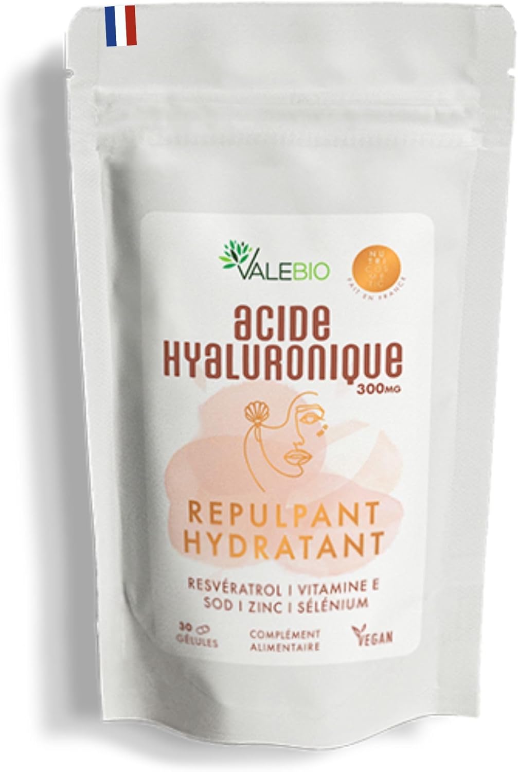 Acide Hyaluronique - Hydratant, Antioxydant & Anti rides - Zinc, Vitamine E, Selenium & Resveratrol - 30 gélules - Valebio
