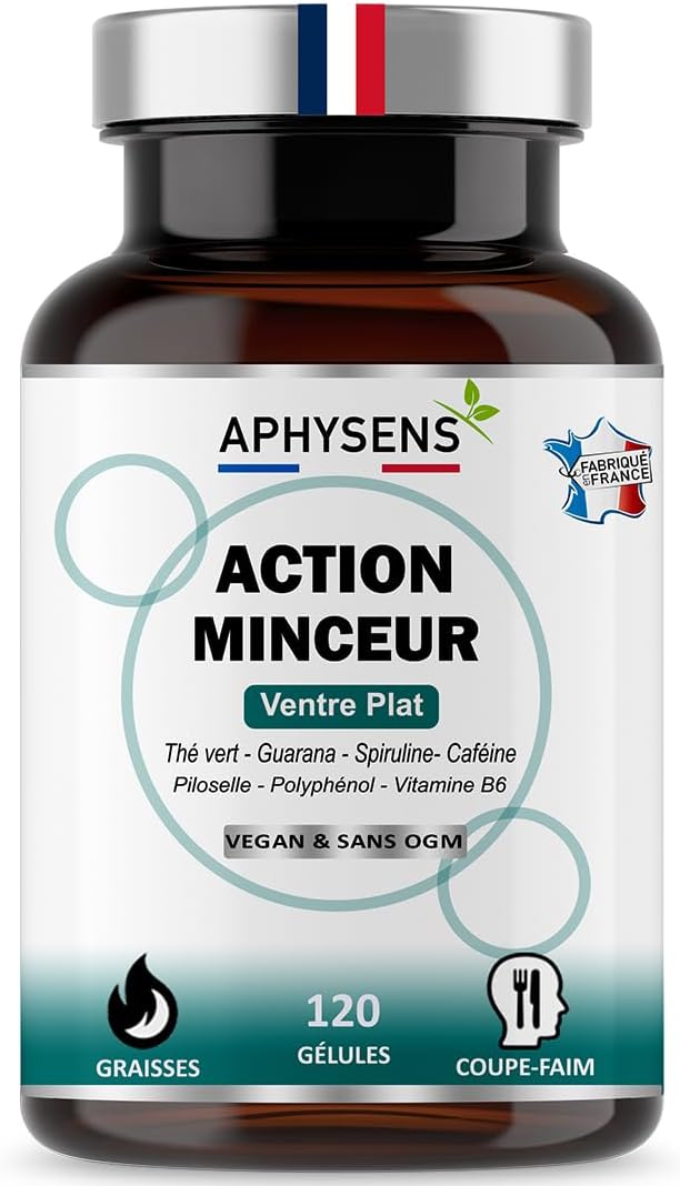 Bruleur de Graisse Puissant et Naturel – Guarana, Spiruline,Thé vert – Coupe Faim, Effet Minceur – Perte de Poids Rapide Homme et Femme – 120 Gélules – Fabriqué en France – Aphysens