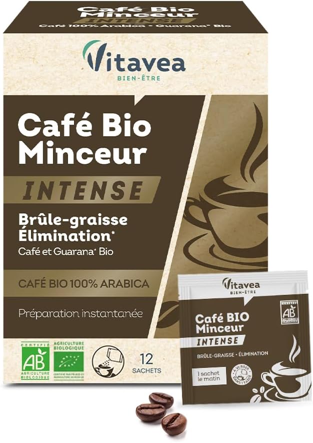 Vitavea - Café Minceur BIO Intense - Brûle-graisse Elimination Silhouette affinée - Café soluble 100% Arabica Guarana origine naturelle et biologique - 12 sachets - Fabriqué en France 12 Portions (Lot de 1) Café Minceur BIO Intense