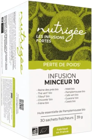 Infusion Minceur 10 Bio - Double Action - Brûle & Draine - Thé Vert, Café Vert, Guarana, Maté, Reine Des Prés, Bouleau, Frêne, Cassis, Chicorée - Concentrés Végétaux Solubles - 30 Sachets