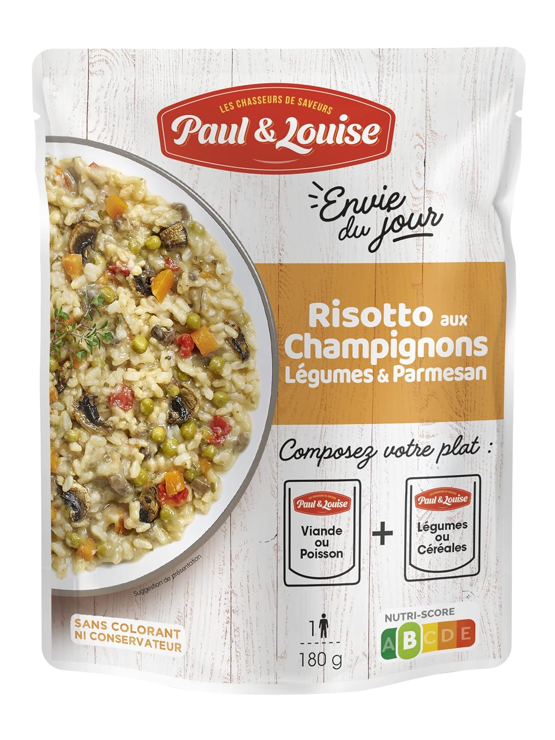 Paul & Louise Envie Du Jour - Risotto aux champignons, légumes et parmesan 180g - Sachet micro ondable - Prêt en 2 min - À combiner avec nos sachets de viande ou de poisson multi couleur