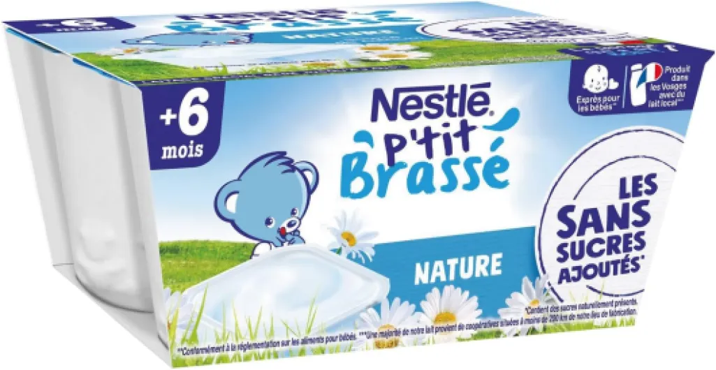 Nestlé Bébé - P'tit Brassé Laitage Nature sans sucres ajoutés - dès 6 mois - 4 x 90g 4x90g