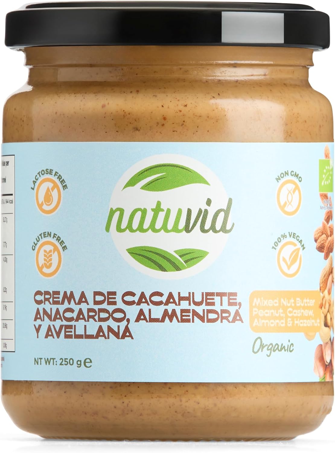 Beurre 4 Noix BIO (Amande, Cacahuète, Cajou, Noisette) Natuvid - 250g - Sans Gluten - 100% Naturel & Sans Sucres Ajoutés - Naturellement Protéinée - Vegan Beurre de Cacahuètes, Noix de Cajou, Amandes et Noisettes BIO
