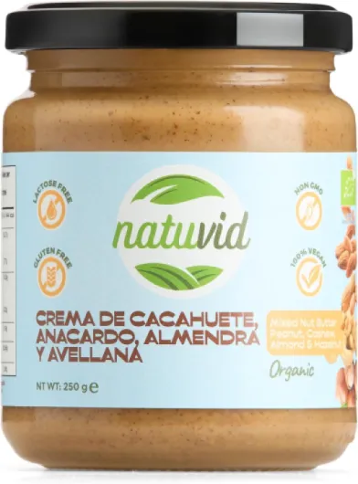 Beurre 4 Noix BIO (Amande, Cacahuète, Cajou, Noisette) Natuvid - 250g - Sans Gluten - 100% Naturel & Sans Sucres Ajoutés - Naturellement Protéinée - Vegan Beurre de Cacahuètes, Noix de Cajou, Amandes et Noisettes BIO